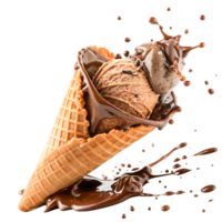 Delicious Chocolate Ice Cream Cone with Melted Chocolate Drizzle Splash png