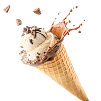 Delicious Ice Cream Cone with Chocolate Sauce Splash and Candy png
