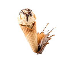 Delicious Vanilla Ice Cream Cone with Chocolate Sauce Splash png