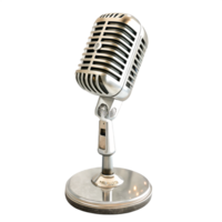 Vintage Silver Microphone on Stand, Retro Audio Equipment, Studio Recording Mic png