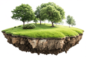 Floating Island with Lush Green Grass, Trees, and Exposed Soil Cliffs png