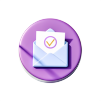 3D Render of Approved Email Icon, Confirmation Message, Check Mark in Envelope on Purple Circle png