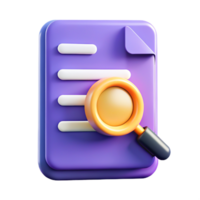 3D Render of Purple Document with Magnifying Glass Search, Data Analysis Icon png
