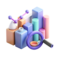 3D Abstract Data Analysis Colorful Charts, Graphs Magnifying Glass png