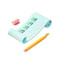 3D Render of Checklist Paper Scroll with Pencil and Eraser, To Do List Concept png
