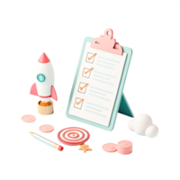 3D Render of Checklist, Rocket Launch, Target, Coins Startup Success Concept png