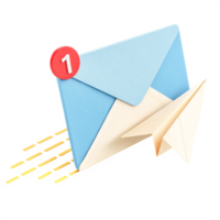 3d render Novo o email notificação com papel avião, velozes Entrega conceito png