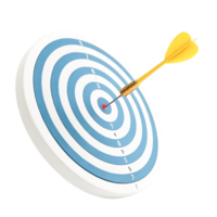 3D Render of Yellow Dart Hitting Bullseye on Blue and White Dartboard png