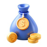 3D Render of Blue Money Bag with Gold Coins Finance, Wealth, Investment Concept png