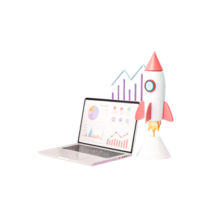3D Render of Laptop with Startup Rocket, Charts, and Business Growth Graphics png