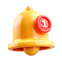 3D Render of Yellow Notification Bell Icon with Red One Number Badge png
