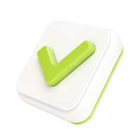 3D Render of Green Check Mark Icon on White Square Button png
