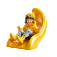 Happy child sliding down a bright yellow playground slide excitedly png