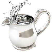 Sleek silver pitcher splashing water from its curved polished spout png