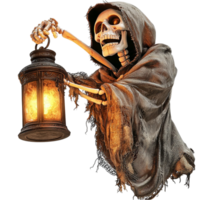 Mysterious hooded skeleton holding an oldfashioned lantern glowing in darkness png