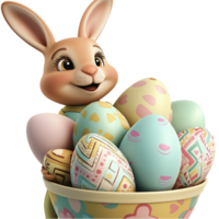 Two adorable rabbits carrying a woven basket filled colorful ed Easter eggs png
