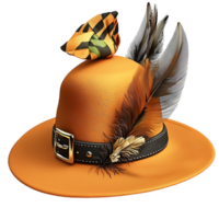 Classic brown cowboy hat a feather resting on table png