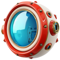 Futuristic round submarine window a blue glass panel metallic red frame png