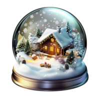 Snow globe a tiny cozy winter cottage surrounded by trees falling snow png