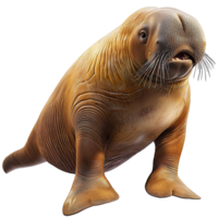 Large brown walrus resting on icy ground long whiskers sharp tusks png