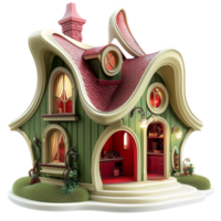 Whimsical fairytale house a curved red roof tiny glowing windows png