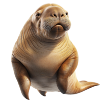 Large brown walrus sitting on an icy shore long white tusks a curious expression png