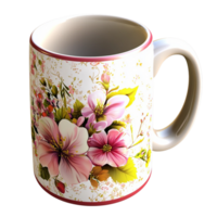 Beautiful floral coffee mug featuring intricate pink white blossoms adding a charming touch png