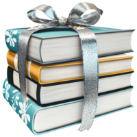 Elegant stack of books wrapped a silky blue ribbon bow png