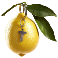Shiny golden lemon a small keychain hanging symbolizing uniqueness creativity novelty an elegantistic design png
