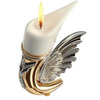 Lit white candle with golden winged holder symbolizing serenity warmth peace and the tranquility of gentle illumination png