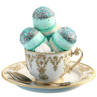 Elegant blue macarons placed inside a luxurious goldrimmed teacup showcasing a delightful dessert presentation png