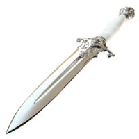 Ornate silver sword with a sharp steel blade and an intricately detailed golden hilt png
