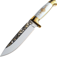 Vintage silver knife with an intricately engraved handle and a sharp blade placed on a table png