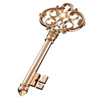 Antique golden key with an intricate decorative handle and a sturdy metal shaft for unlocking png
