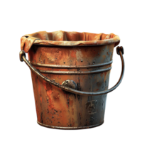 Rusty metal bucket with a weathered texture and a curved metal handle placed on a white surface png