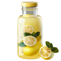 Glass bottle filled with fresh lemonade with floating lemon slices and mint leaves for refreshment png