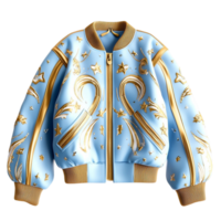 Stylish blue and gold bomber jacket with intricate embroidered patterns displayed neatly on a hanger png