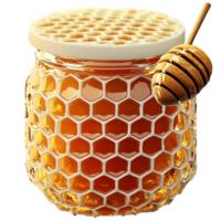 Honeycomb with a golden dripping texture and a small wooden dipper covered in sweet honey png