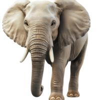 Majestic elephant with wrinkled gray skin and large tusks walking forward with confidence png