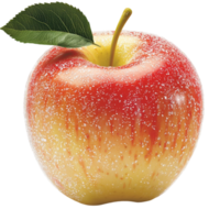Fresh red apple with a glossy surface and a green leaf attached to the curved stem png