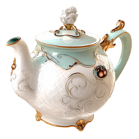 Beautiful porcelain teapot with gold detailing and floral patterns exuding vintage charm and timeless beauty png