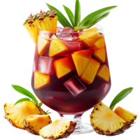 Tropical fruit cocktail with pineapple slices ice cubes served in a stylish glass png