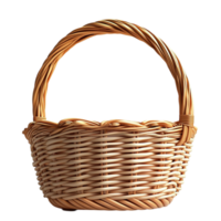 Classic woven wicker basket with a sturdy handle symbolizing rustic charm simplicity and practical countryside elegance png