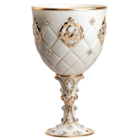 Ornate white and gold goblet with intricate details symbolizing sophistication luxury history and elegant tableware aesthetics png