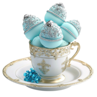 Luxurious white and blue macarons in an elegant teacup symbolizing delicacy indulgence sophistication and the irresistible charm of French desserts png