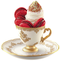 Elegant teacup with red macarons symbolizing indulgence sophistication sweetness and the delightful combination of fine pastries and tea png