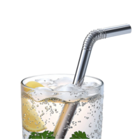 Refreshing glass of sparkling lemonade with a silver straw symbolizing summer refreshment citrus and the delightful charm of cold beverages png