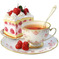 Strawberry cake slice pairs with floral teacup and raspberries on plate png