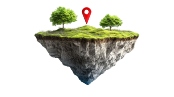 Imaginary floating island with a navigation pin, artistic concept, isolated on transparent background png