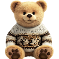 Plush teddy bear in sweater sits with warm smile on png
